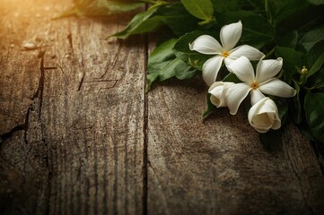 Fototapeta premium Lovely Jasmine Blooms Against a Rustic Wooden Surface