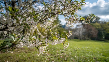 Flowering plum tree in an oriental garden