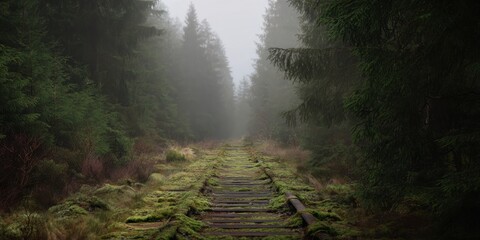 Abandoned Railway Tracks In Misty Forest. Nature Reclaiming Man-Made Structures
