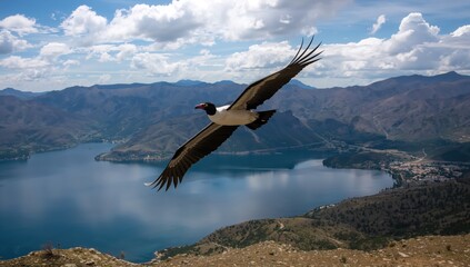 Majestic bird soaring over mountainous lakes and open skies