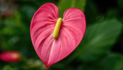 Detailed close-up of a vivid pink heart-shaped Anthurium flower featuring a yellow-green stamen from the Araceae family