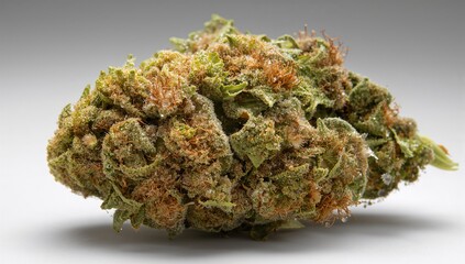 A detailed macro shot of a green cannabis flower covered in crystals