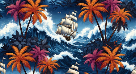 Naklejka premium Vintage Sailing Ships Navigating Stormy Seas Amidst Colorful Palm Trees pirate ship schooner