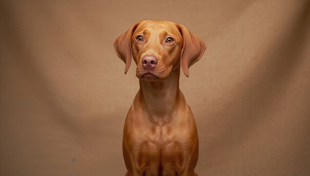 Portrait of a Hungarian Vizsla against a textured canvas backdrop in a photography studio