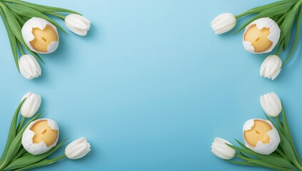 Adorable egg holders shaped like chicks with Easter eggs and white tulip floral borders. Festive abstract geometric pattern on a blue gradient backdrop.