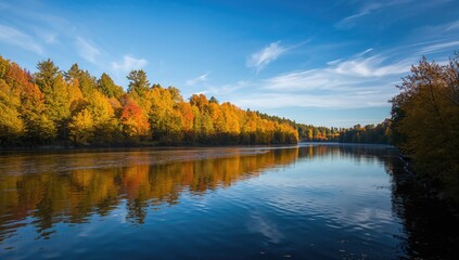 Fototapeta premium A clear autumn dawn by the river, featuring vibrant foliage and calm water mirroring the sky.