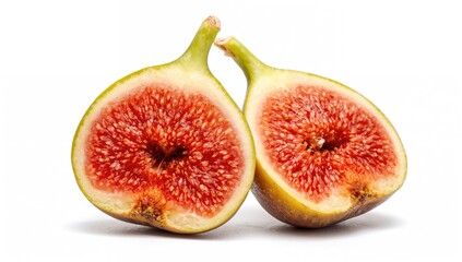 Close-up of freshly sliced fig fruit on a white backdrop