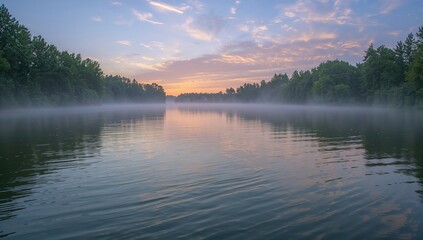 Fototapeta premium Sunrise over a foggy lake with shimmering reflections