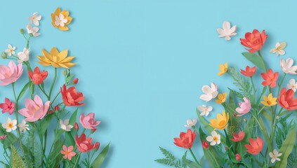 Spring sale poster featuring paper flowers on a blue backdrop, perfect for marketing and digital campaigns.
