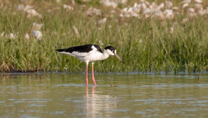 Wading bird with long legs and black neck in shallow water