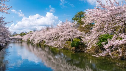 Blooming cherry trees along a scenic river