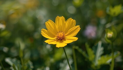 Obraz premium Extreme close-up shot of a bright yellow Cosmos sulphureus bloom against a natural backdrop