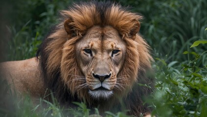 Fototapeta premium A fuzzy close-up of a strong, broad-chested male lion lying in the woods, taken through glass.