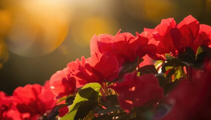 Obraz premium Close-up of vibrant red begonias basking in sunlight with a blurred background