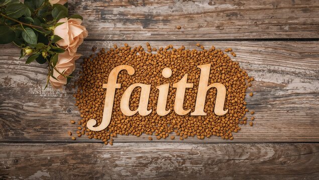 Rustic background featuring faith spelled out in wooden letters alongside mustard seeds. Overhead perspective. Spiritual theme of trust and belief in the divine.
