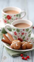 Fototapeta premium Delicate white porcelain cups adorned with a Christmas pattern showcase warm tea beside gingerbread cookies and cinnamon sticks, creating a festive atmosphere perfect for holiday gatherings
