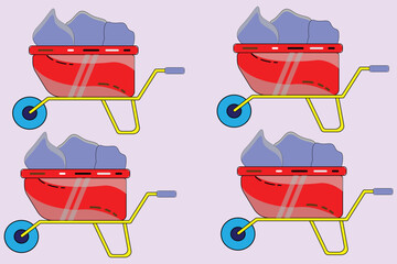 Four red wheelbarrows filled with gray material are arranged in a grid pattern on a light purple background