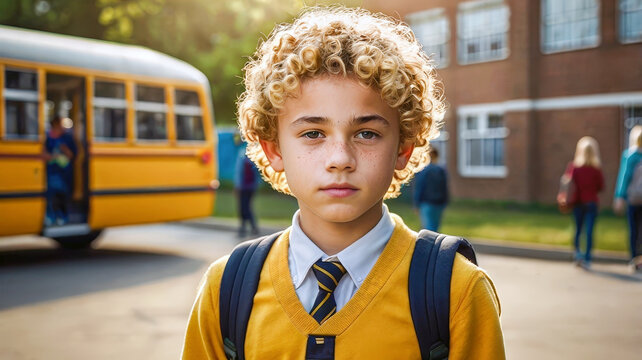 Blonde curly-haired schoolboy with backpack stands outdoors near school building on sunny day, dressed in white shirt and tie	 - Powered by Adobe