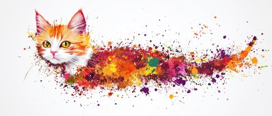 Naklejka premium Ginger cat in colorful paint splatter design