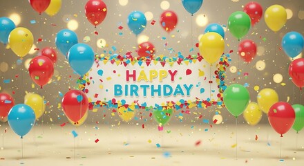 Festive happy birthday scene with balloons and confetti celebration background