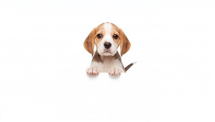 Adorable Beagle puppy gazing at the viewer above a blank white sign. Isolated on a white backdrop with space for text.