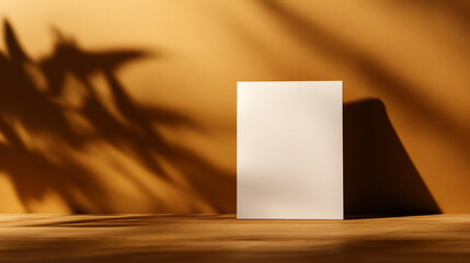 Elegant product display on wood surface with leaf shadows, warm aesthetic. Modern minimalist design, subtle textures.