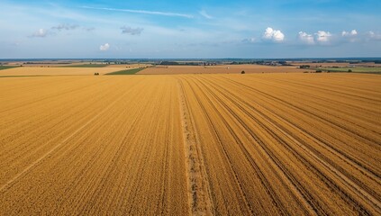 Fototapeta premium Bird's-eye view of a wheat field showing tractor paths through the crops
