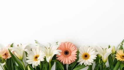 Obraz premium Floral frame featuring green and white petals on a clean white backdrop. Vibrant bouquet of lilies and gerberas from a front perspective with space for text.