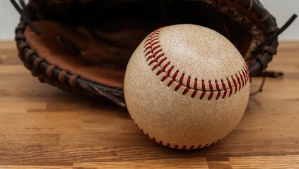 Detailed close-up of a vintage leather baseball resting beside a mitt on a wooden surface, showcasing the worn texture and red stitching.