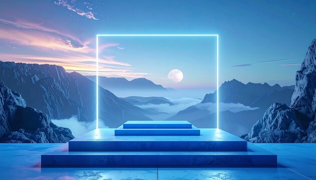 A serene mountainous landscape under a twilight sky, featuring a blue neon square, platform and stone formations. The full moon is visible
