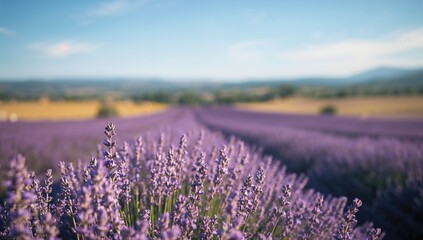 Obraz premium Lavender plants blossoming with sharp focus on purple blooms and a blurred distant backdrop