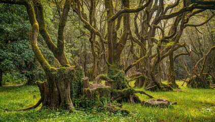 Obraz premium A cluster of moss-covered trees growing over old stumps in a dense forest