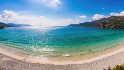 Fototapeta premium Bird's-eye view of a pristine shoreline with transparent waters on a scenic island