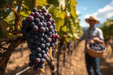 Obraz premium Detailed view of ripe red grapes hanging on the vine in a vineyard