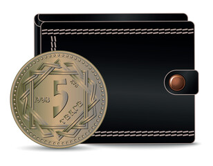 Reverse 5 tenge coin Kazakhstan. A 5 tenge coin Kazakhstan next to the wallet.