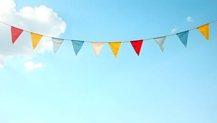 High resolution image of colorful triangular pennant flags against clear sky. Generative AI
