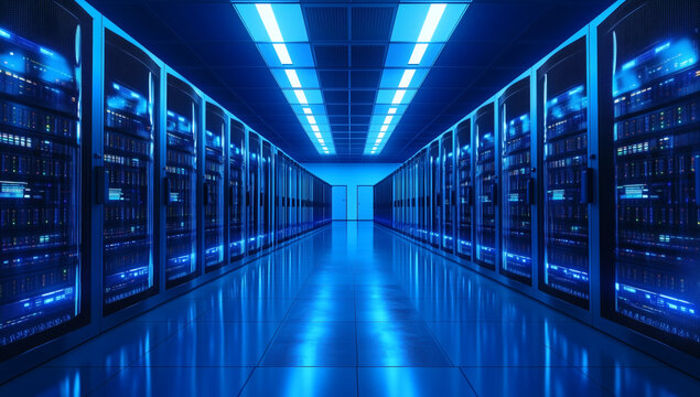Technology server hall lined with racks and blue glowing lights shows digital power for data storage and security.