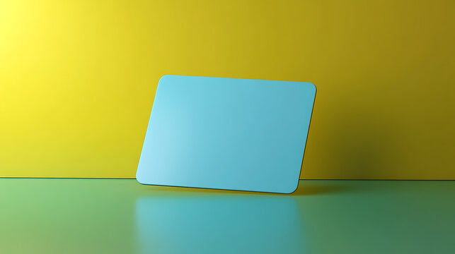 Minimalist scene featuring a blue rectangle leaning against a yellow wall, set atop a reflective green surface. Simplicity in color and form.