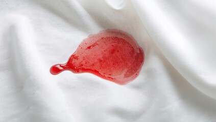 Close-up of blood droplets staining a white fabric. Ruined garment. Concept of cleaning a dirty spot.