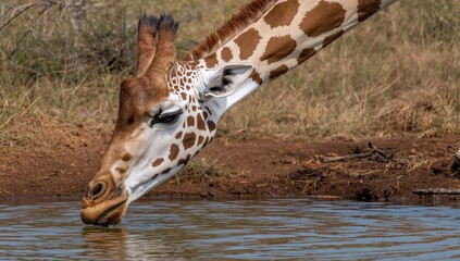 Obraz premium A detailed, close-up color photo of a giraffe drinking from a concealed spot in a wildlife reserve.