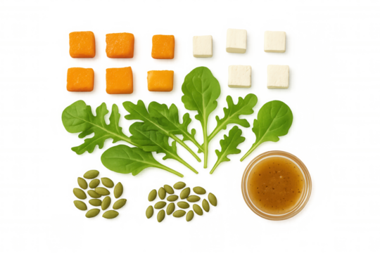 Salad ingredients deconstructed top view composing healthy meal with arugula, pumpkin, feta, pumpkin seeds, and vinaigrette