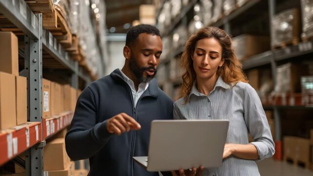 Several male and female warehouse inventory managers conversing, checking retail stock, and using laptop computers