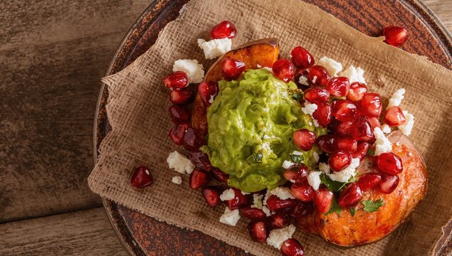 Nutritious meal featuring roasted sweet potatoes topped with guacamole, feta, and pomegranate seeds