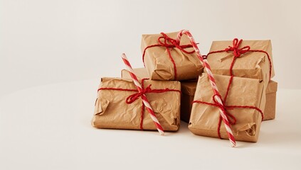 Holiday presents wrapped in kraft paper with red twine and decorated with peppermint sticks on a white surface
