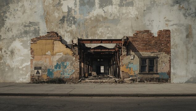 An aging structure on a street slowly falling apart