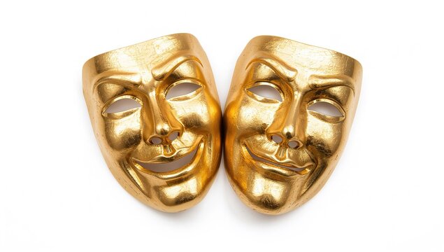 Golden Film Masks on a White Backdrop