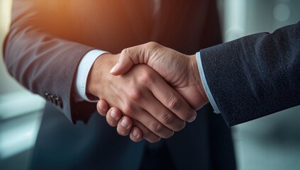 Panoramic banner header showing a close-up of a handshake between business professionals symbolizing agreements and negotiations, with a blurred backdrop and space for text