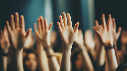 Students raising their hands to participate in class.