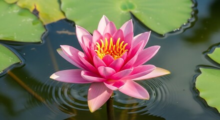 Pink Lotus Blossom in Serene Pond with Lily Pads.