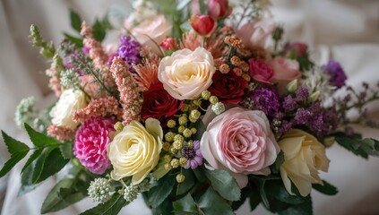 Fototapeta premium Floral arrangement with petals, ivy, and blossoms